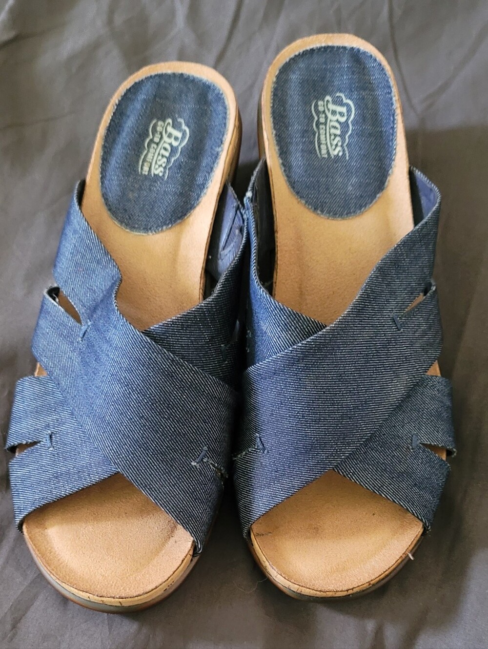 Bass Denim Crisscross Slip-On Mules - Blue & Tan
